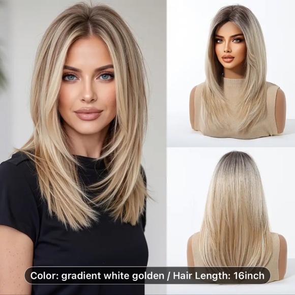 16” Elegant Gradient White-Golden with graying roots layered Synthetic Wig, - Picture 2 of 6